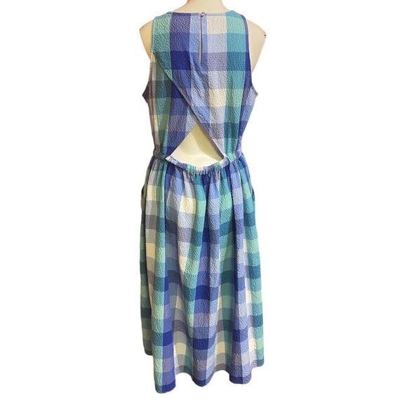 LOFT Blue Plaid Seersucker Midi Dress Size L - Picture 5 of 9